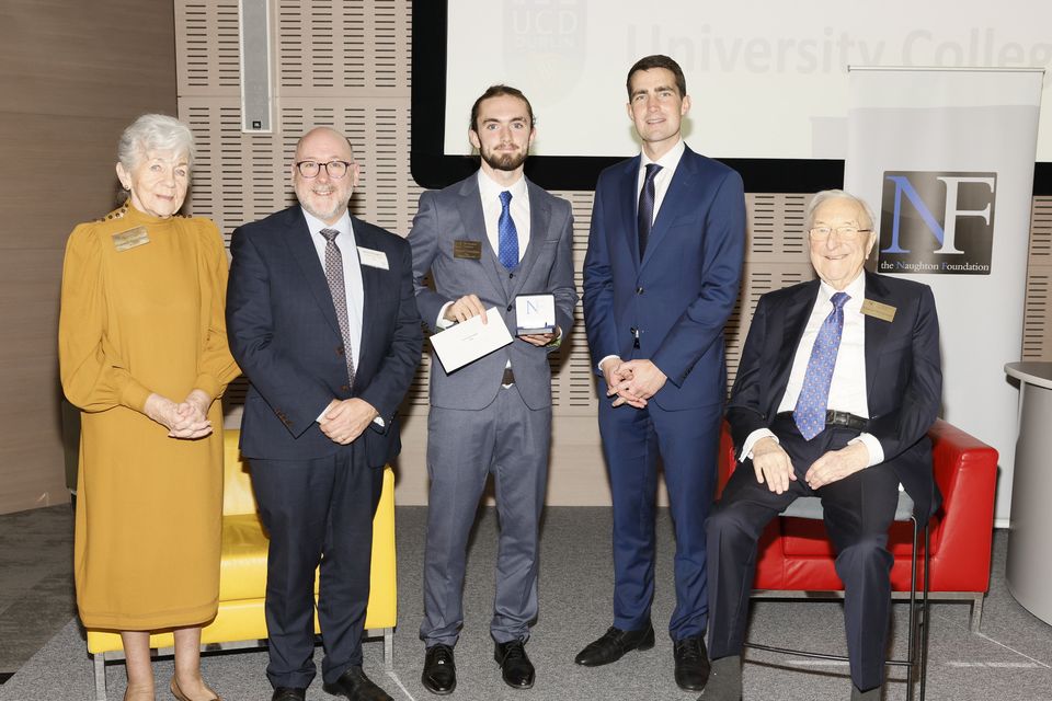 Carmel Naughton, school rep Kenny Donagher, winning Sligo scholar Francis Donoghue from Summerhill College, Minister Jack Chambers TD and Martin Naughton at the 2025 Naughton Foundation Scholarship awards held at Trinity Business School, Trinity College Dublin. Pic: Kieran Harnett.